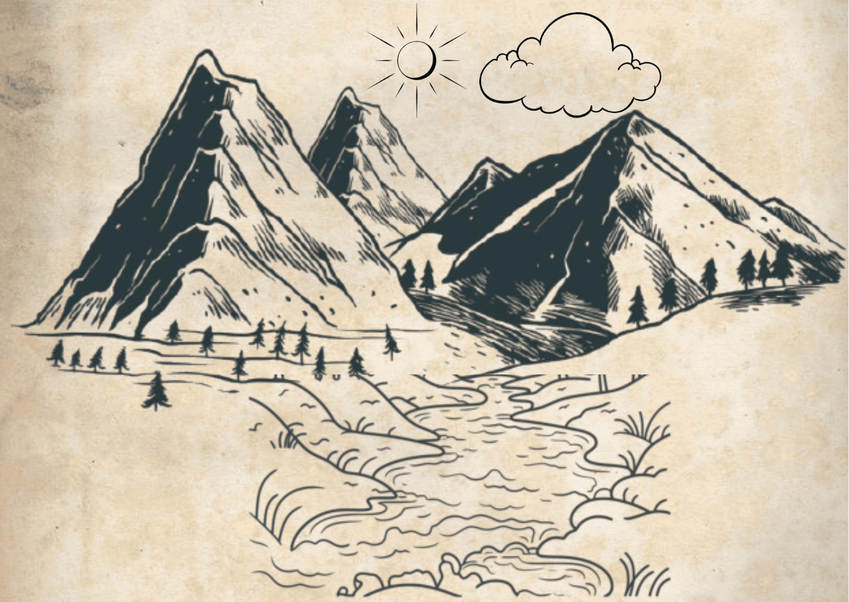 A scenic view of towering mountains with a small river winding through them. A fluffy white cloud drifts in the bright blue sky, while the sun shines brightly above, casting its warm glow over the landscape. Short Story