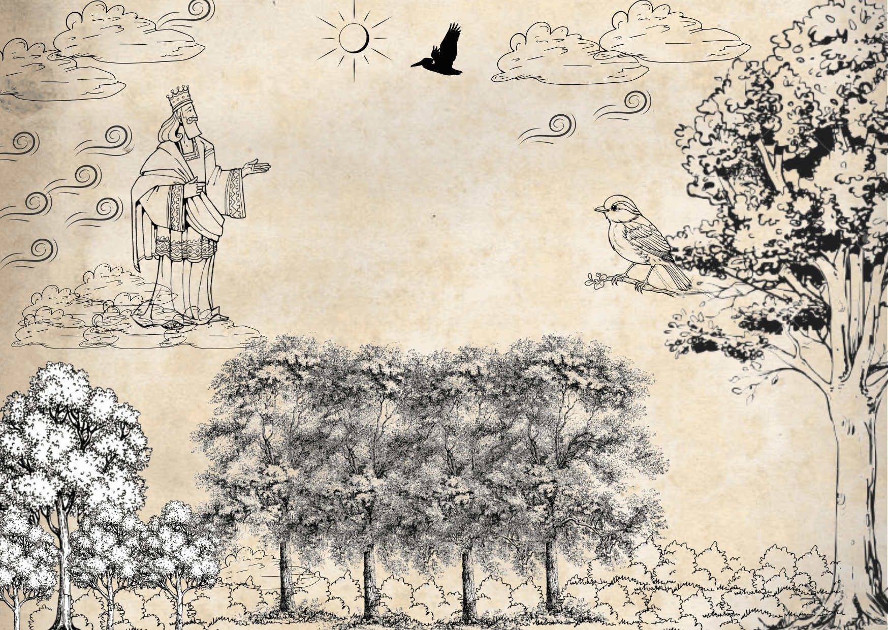 A bird sitting on the tree and it is talking with the wind man.