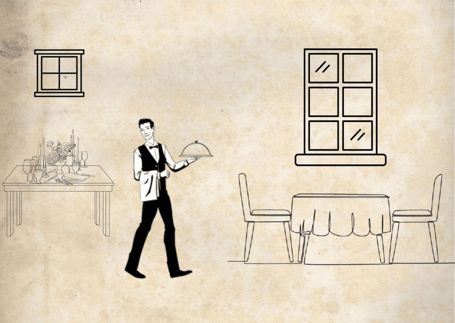 A warm, inviting restaurant scene with a friendly waiter serving a beautifully plated dish to a customer. The waiter has a welcoming smile, and the food on the plate looks delicious—perhaps a gourmet meal with steam rising, indicating freshness.