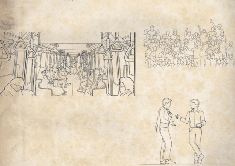 A joyful traveler sings on a train, surrounded by smiling passengers who join in harmony. Strangers hum along, their faces lit up with happiness as the melody spreads. The entire train fills with music, bringing people together in a shared moment of joy. At a station, the traveler sings with a stranger, their voices echoing in the air. Leading the group in song, laughter and music fill the atmosphere, creating an unforgettable journey of happiness