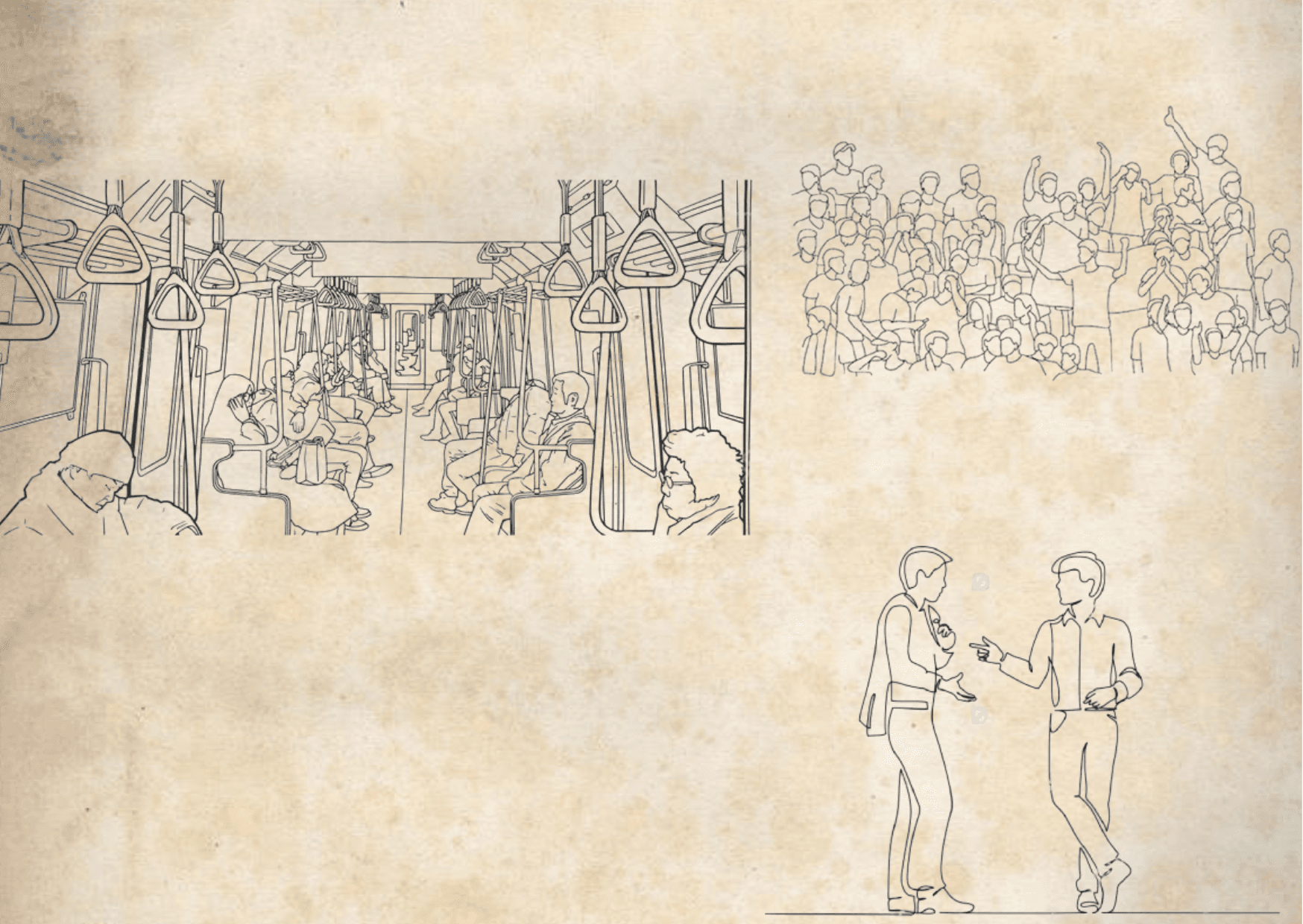 A joyful traveler sings on a train, surrounded by smiling passengers who join in harmony. Strangers hum along, their faces lit up with happiness as the melody spreads. The entire train fills with music, bringing people together in a shared moment of joy. At a station, the traveler sings with a stranger, their voices echoing in the air. Leading the group in song, laughter and music fill the atmosphere, creating an unforgettable journey of happiness